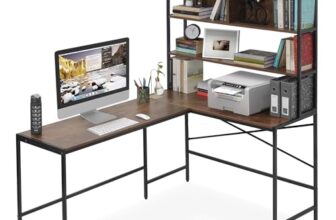 ABOUT SPACE 3 Tier L-Shaped Unique Computer Table with Desktop, Hutch Tower Storage Display Modern Shelf for PC, Laptop, Study & Writing Open Bookshelf [Brown – L 151.7 x B 113.5 x H 157 cm]