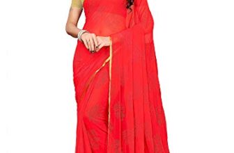 AKHILAM Women’s Floral Chiffon Embellished Zari Border Saree With Unstitched Blouse Piece Red_DOLY2604