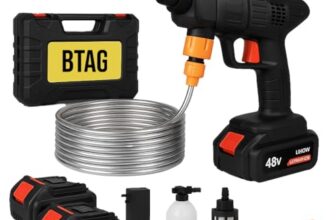 BTAG 48V Cordless High Pressure Car Washer Gun with Double Battery | Portable Water Jet Cleaner with Foam Bottle, Long Hose & Nozzle Set for Car, Bike, Home & Garden Cleaning. Pack of 1