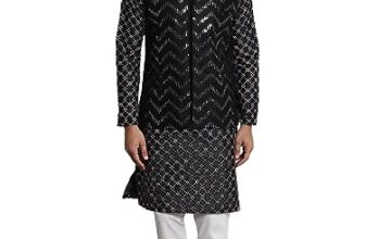SOJANYA (Since 1958 Men’s Silk Blend Black Kurta and Off-White pyjama With Black Nehrujacket
