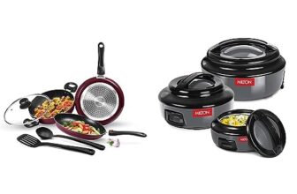 Milton Pro Cook Kitchen Jewel 5-Piece Non-Stick Cookware Set Peach & Ernesto Inner Stainless Steel Jr. Casserole Set of 3 Grey, Stackable & Easy Carry