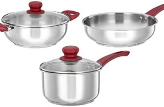 Amazon Brand – Solimo Stainless Steel 3 Pcs Cookware Set| Three Layer Impact Forged Bottom |Soft Touch Handles | Durable | Kadhai, Frying Pan- 22 Cm & Sauce Pan- 16 Cm | 1700, 2400,1800 ML | Silver