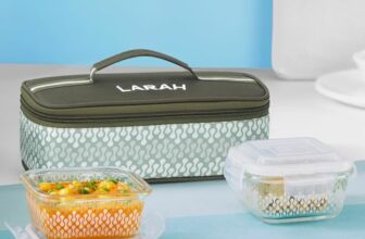 Larah Glassware Gracia Borosilicate Glass Lunchbox with Bag | 2pc Square Container (320ml Each), Horizontal | Microwave & Dishwasher Safe, Leakproof | Tiffin for Office, School, College | Green
