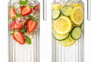 TIINER Fridge Jug 1L Glass Water Jug with Lid (2 Pack) – Clear Water Pitcher with Ribbed Glass Jug Design & Handle for Fridge Shelf & Everyday Use with Vented Spout – Juices, Pimms & Picnics
