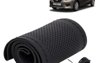 KINGSWAY® Car Steering Wheel Cover Sewable Compatible with Datsun Go (Year 2014 Onwards), Top-Notch PU Leatherite, Black Color with Black Thread, Pack of 1 with Sewing Needle and Thread