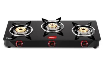 Pigeon Ignia 3 Burner Gas Stove | Brass Burner | Easy Cleaning | Toughened Glass | 2 year Warranty