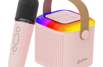 pTron Newly Launched Fusion Tunes 10W Mini Bluetooth Speaker, Wireless Karaoke Mic, 8Hrs Playtime, Vivid RGB Lights, Voice Effects, Multi-Play Modes BT5.1/TF Card & Type-C Charging (Light Pink)