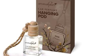 Aromahpure Premium Car Perfume Hanging Pod |10 ML |Musk Fragrance Car Air Freshener |Natural Essential Fragrance Oils in Glass Bottle with Wooden Diffuser Lid |Last Upto 30 Days, IFRA Certified