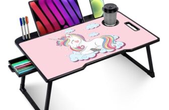 TEKCOOL Smart Multipurpose Foldable Laptop Table with Cup Holder, Study Table, Bed Table, Breakfast Table, Foldable and Portable/Ergonomic & Rounded Edges/Non-Slip Legs (New Unicorn)’