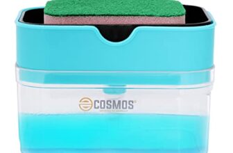 E-COSMOS® Smarty Soap Dispenser and Dishwasher Liquid Holder, Liquid Dispenser Through Pump (Black, 350 ML) with Free Sponge Made in India, Medium (Sky Blue)