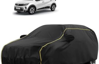 Sulfar 100% Water Resistant Car Body Cover Compatible with Mirror for Renault Triber (Triple Stitched, Full Bottom Elastic, Black Tafetta with Yellow Piping)