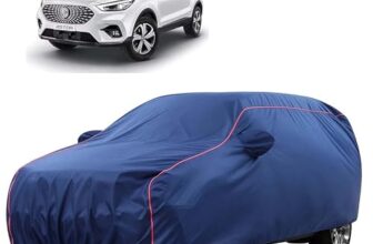 Sulfar 100% Water Resistant Car Body Cover Compatible with Mirror for MG Astor (Triple Stitched, Full Bottom Elastic, Blue Tafetta with Red Piping)