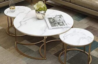 Furniture Cafe Round Nesting Coffee Table Set of 3 with White Marble Look Top & Gold Metal Base | Modern Stackable Center Tables for Living Room, Bedroom, Balcony & Apartment (White & Gold)