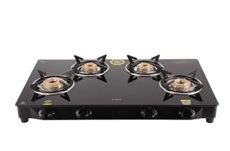 Elica 4 Burner Gas Stove with Toughened Glass Top | Brass Burners | Spacious 77cm Design for Multi Dish Cooking | ISI Certified | 2 Year Warranty | CT VETRO 774 J | Black