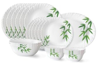 Larah by Borosil Bamboo Leaves Fluted Series Opalware Dinner Set Of 6 Full Plate, 6 Quarter Plates, 6 Veg Bowls, 2 Serving Bowl and 1 Oval Rice Plate | Bone-Ash Free Crockery (White, 21 Pieces)