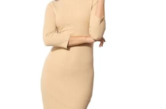 barcino Beige Rib Mock Round Neck Midi Dress