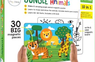 Play Panda Magnetic Puzzles Jungle Animals 10 in 1 with 10 Magnetic Puzzles,Write&Wipe Magnetic Board,50+ GK Facts,Sketch Pen&Duster-Make Beautiful Magnetic Animals-Educational Toy for 3+