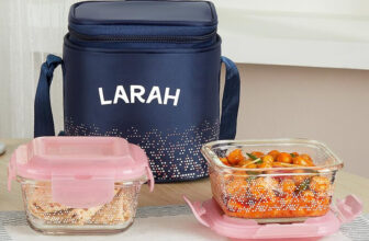 Larah by Borosil Speckle Pink Borosilicate Glass Tiffin, (320ml x 2) Vertical, Square 2 Containers Glass Office Lunch Box(640 ml)