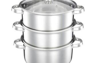 Amazon Brand – Solimo Stainless Steel 3-Tier Steamer with Glass Lid | 24 cm | Induction Bottom | For Modak, Momos & More | Multi-Layer Cooking | Rust-Resistant