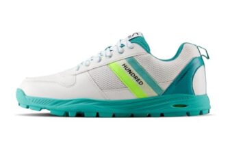 Hundred PitchStrike Cricket Shoes|Multi-Surface Grip with TerraSpike Outsole|Energy Layer Midsole|Lightweight, Breathable | Ideal for Turf, Ground & Hard Surfaces (White/Turquoise/Lime Green;UK 11)