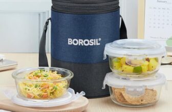 Borosil Elite Lunchbox | 400ml x 3 Round Container Set | Made in India Borosilicate Glass | Microwave & Dishwasher Safe | Tiffin for Office, School, College | Vertical