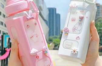 CLICKSY Plastic Kawaii Water Bottle with Straw Cute Large Water Bottles with Kawaii Stickers Aesthetic Leakproof Square Drinking Bottle.700ML (Pink)