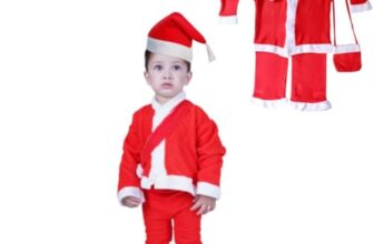 Desi Andaaz Santa Clause Christmas Costume For Boys & Girls, Santa Costume with Cap and Bag-Red & White(6-12M)