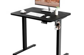ERGOMAKER Electric Standing Desk 80x60cm (31″x23.6″), Height Adjustable Sit Stand Desk with Splice Board for Home Office, Computer Desk Memory Preset (Black Frame + Black Desktop)