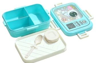 ATTRO Craze Space Theme Kids Lunch Box with 3 Compartment, 1 Separate Internal Lid, 1 Small Container & Spoon Microwave Safe- 1290ml+70ml Blue