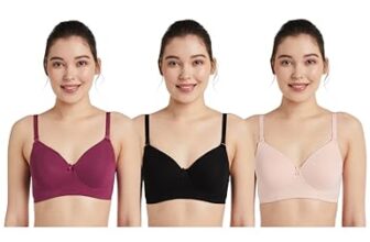 Amazon Brand – Symbol Women’s Cotton Stretch Padded Wire Free Medium Coverage T-Shirt Bra (Pack of 3) (BRA-13 Cont_Blck-Blush-Wine_32B)