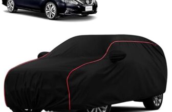 Sulfar 100% Water Resistant Car Body Cover Compatible with Mirror for Nissan Teana (Triple Stitched, Full Bottom Elastic, Black with Red Piping)