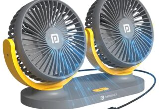 Portronics Twin Cool Dual Head Portable USB Powered Fan With 360° Rotatable Head, 3 Speed Control, Ultra Silent Operation, Brushless Motor, Suitable For 12/24V Car,SUV,Bus,Desk,Home Fan (Grey)
