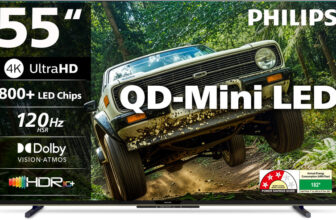 PHILIPS 138 cm (55 inch) Ultra HD (4K) Mini LED Smart Google TV 2025 Edition with Local Dimming Dolby Vision & HDR10+ 36W Dolby Atmos 120Hz Game Accelerator Filmmaker Mode Wider Colour Gamut Ultra Narrow Bezel 2GB RAM + 32 GB Storage(55MLED610/94)