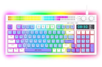 Ant Esports MK1900 RGB Wired Gaming Keyboard with Volume Knob & Alarm Clock, 93 Keys + 6 Macro Keys, Mechanical Feel Membrane, DIY Backlit Effects, Compatible Windows/Mac/Linux – White/Purple/Blue