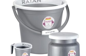 RATAN PLASTICWARE Plastic Bathroom Set of 3 Pieces Combo Pack Gloria Plain,18 Liters Bucket + Nova Stool Patla 107 + Gloria Plain Bath Mug 1 Liter – NIR Silver