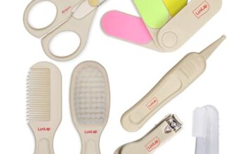 LuvLap 7In1 Baby Grooming Kit, Portable Baby Grooming Kit for New Born Baby, Finger Brush, Hair Brush, Comb, Baby Nail Scissor, Baby Nail Cutter,Tweezer,Nail Filer,Newborn,Infants,Toddlers, White, 0m+