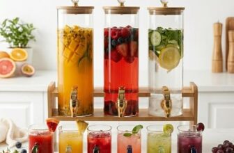 Red-Rubby 3 Tank Glass Beverage Dispenser Set with Wooden Stand | 2L Each Juice Dispenser with Tap & Lid + 6 Color Handle Glass Mugs (240ML) | Premium Drink Server for Lemonade, Parties & Home Use