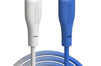 Portronics Hue X 20W Dual Tone Colour Type C to 8 Pin Fast Charging Cable for iPhones,iPads, Laptops & Other 8 Pin Devices, 480Mbps Data Sync, Premium Braided Cable (White & Blue)