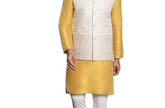 SOJANYA (Since 1958 Men’s Silk Blend Mustard Kurta and Off-White Pyjama With Cream Nehru Jacket