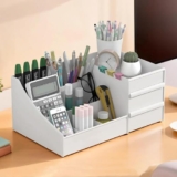Kuber Industries Plastic 8 Compartments Professional Stationary Oragnizers for Desk & Pen Holder for Study Table | Pencil Box with Drawers for Students | White