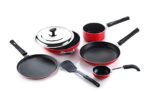 Crystal Classic Series 7-pc Non-Stick Cookware Set, PFOA Free, Tawa, Vagariya, Kadhai with SS Lid, Fry Pan, Sauce Pan, 1 Spatula, Red