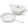 Ember Cookware Arcilla Ceramic Non Stick Cookware Set of 2 | Induction Cookware | Frying Pan 24cm & Kadai 2.6 Litre | Metallic Lid | ISI Certified | Gift Set | Steel Handle | 5-Year Warranty | Grey