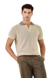 SNITCH Men Polo T-Shirt | Textured Knit Fabric & Stylish Patterned Collar | 100% Cotton Material, Buttoned Placket, Drop Shoulder Design | Casual Wear | Beige