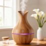 Aroma Diffuser with Wooden Finish, Ultrasonic Essential Oil Diffuser & Humidifier, LED Night Light, Quiet Air Freshener for Home Bedroom Office Spa