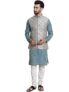 SOJANYA (Since 1958 Men’s Jacquard Silk PBlue Kurta and Off-White Pyjama With Grey Nehrujacket