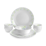 CELLO Tropical Lagoon Dazzle Series Opalware Dinner Set of 13 Pieces For Family of 4 | Bone-Ash Free & Leadfree Opal Glass, Microwave & Dishwasher Safe Plates & Bowls Crockery Set For Dining & Gifting