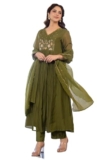 Nermosa Women Embroidery Solid Anarkali Kurta and Pant Set with Dupatta (in, Alpha, M, Green)