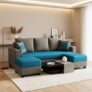 FURNY Iira Sofa Set 3 Seater Velvet Fabric (Aqua Blue – Dark Grey) with 2 Ottoman | Modular Design | Living Room Furniture | Modern Stylish Sofa for Home
