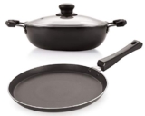 Nirlon Aluminium Dishwasher Safe Nonstick Induction Base Flat Tawa 26 cm and Deep Kadhai 26 cm with Glass Lid