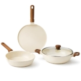 Vinod Di Casa Signature Ceramic Non Stick Cookware Set – 4 pcs | 24 cm Kadai and Frying Pan, 27 cm Dosa Tawa | Soft Touch Wooden Handle | Less Oil Healthy Cooking | Induction Compatible | Toxin Free